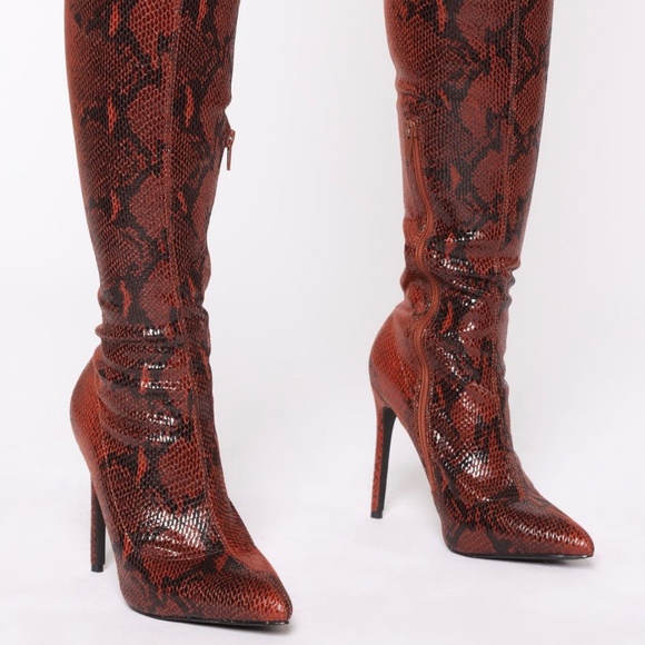 Shoes - Snake Print Boots - Chocolate